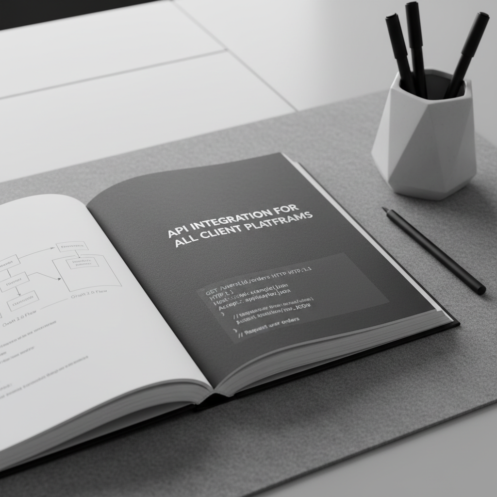 A close-up shot of an API documentation book with a textured matte cover and embossed silver title, open to clean, crisply printed pages with detailed diagrams and code snippets in monochrome ink. The book rests on a structured, minimalist workspace—an orderly desk with gray felt desk mat and a geometric ceramic pen holder—that hints at precise attention to detail. Gentle, indirect lighting from an overhead source creates subtle highlights on the page edges and controlled shadows around the book. The mood is scholarly and analytical, emphasizing clarity and structure. Photographic realism and tight composition create visual focus, echoing the site’s expertise in API integration for all client platforms.