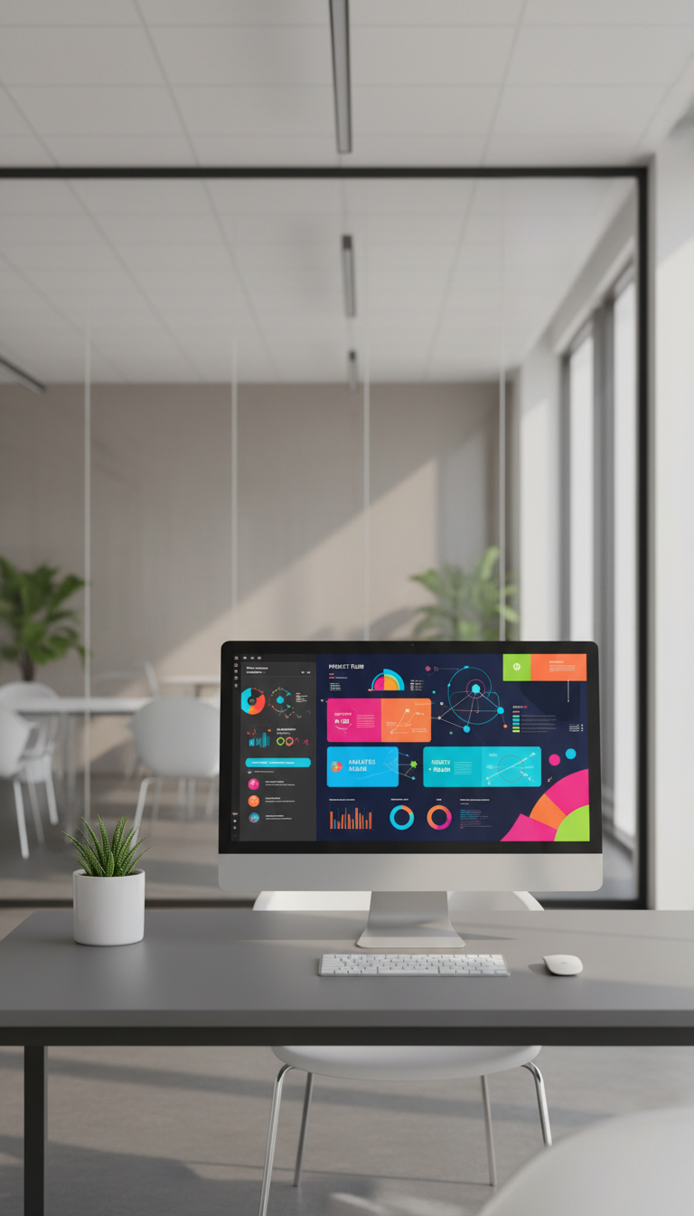 A sophisticated, minimalist workspace desk setup featuring a sleek, ultra-thin monitor displaying a vibrant, abstract dashboard interface. The monitor rests on a smooth, matte-finished desk in soft gray, paired with a slim wireless keyboard and a small potted succulent adding organic contrast. The setting is within a spacious, uncluttered office with glass partitions and neutral décor, reinforcing a sense of professionalism and focus. Soft, diffused daylight from large windows creates muted highlights and mild, controlled shadows. Captured from a slightly elevated angle following the rule of thirds, the image creates balanced negative space and a tranquil, productive mood. Photorealistic and clean, this image visually communicates the site’s all-in-one platform capabilities for digital product creation.