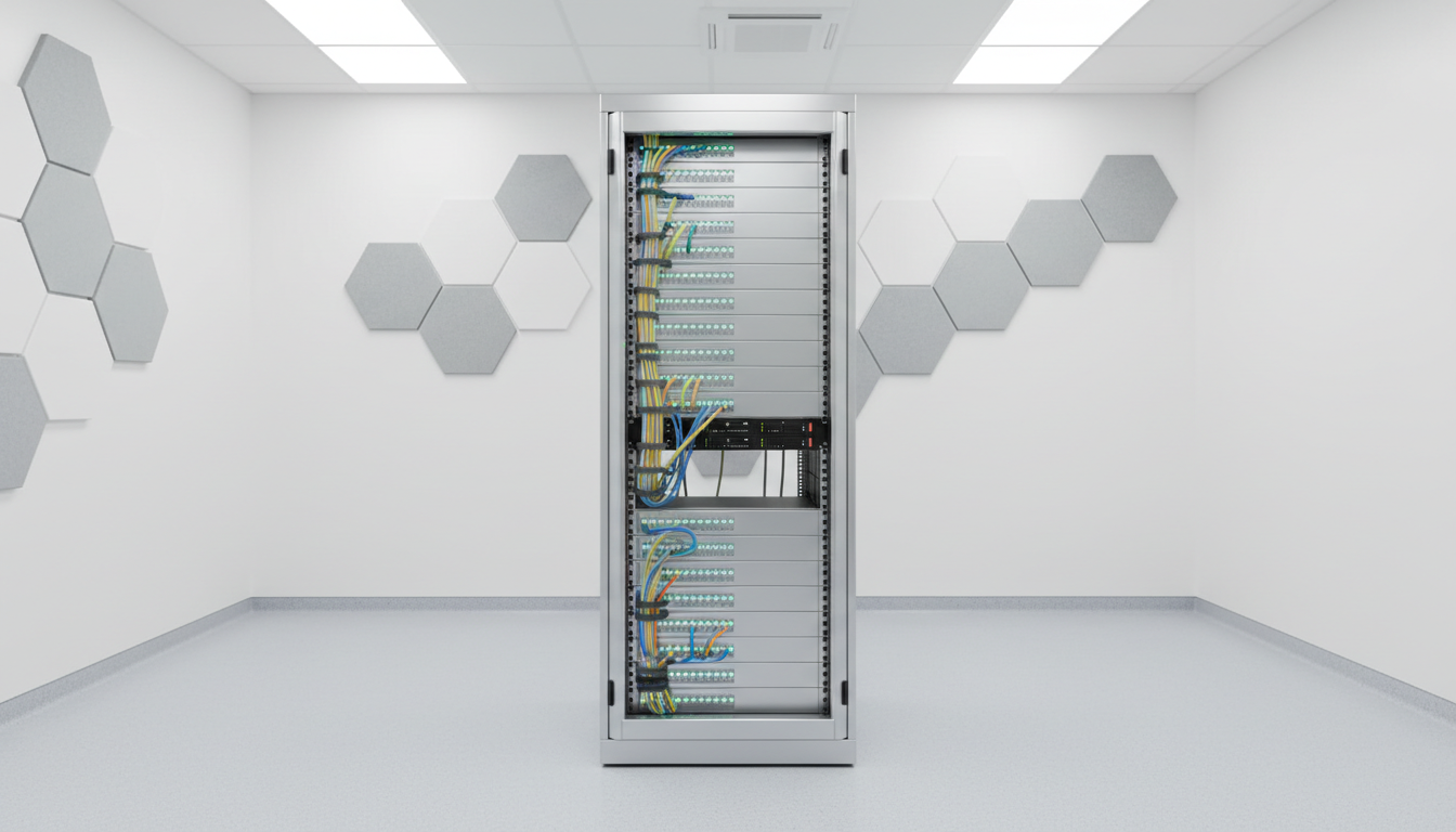 An elegant, high-resolution server rack with meticulously organized cabling, gleaming brushed steel textures, and subtle LED indicator lights, situated in a pristine, modern corporate server room. The environment features clean white walls, polished light-gray floors, and modular geometric acoustic panels for a balanced, structured look. Soft overhead lighting provides even illumination, creating gentle, refined reflections on metallic surfaces and subtle shadows that enhance the sense of depth. The overall mood is calm, professional, and highly organized, reflecting reliability and modern technology. Photographed at an eye-level, center-focused composition with sharp clarity throughout the image, emphasizing a clean, corporate photographic aesthetic. The image underscores infrastructure and backend support for building versatile online platforms.